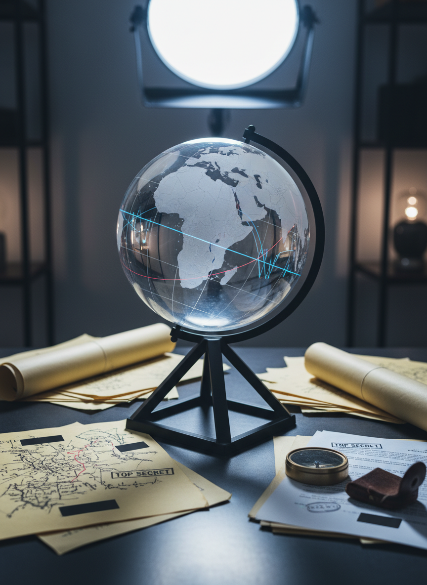 A large, transparent glass globe resting on a matte black metal stand, its continents etched with razor-sharp precision and faint, glowing boundary lines hinting at shifting alliances. The globe sits on a dark, brushed-steel desk scattered with annotated maps, declassified-looking documents, and a single vintage compass. Cool, diffused studio lighting from above and behind creates crisp reflections on the glass and subtle shadows across the papers. Photographic realism, shot at eye level with a shallow depth of field so the globe is in perfect focus while the background dissolves into soft bokeh. The mood is analytical and controlled, evoking sober, professional geopolitics and a search for clarity in global chaos.